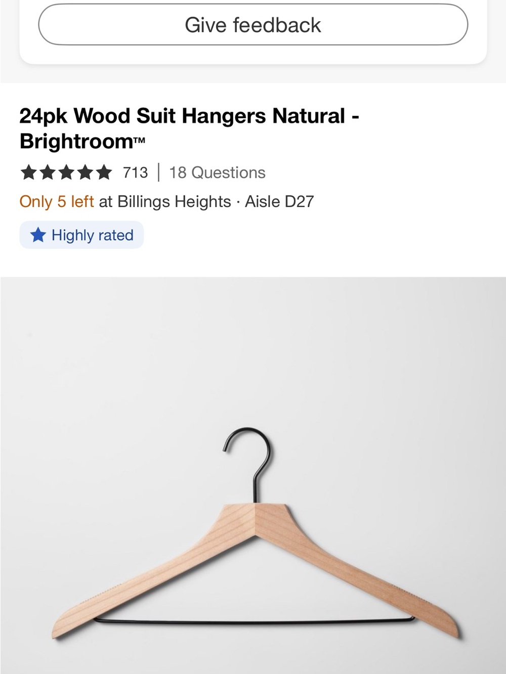 Natural Wood Suit Hanger with Black Metal Hook and Bar